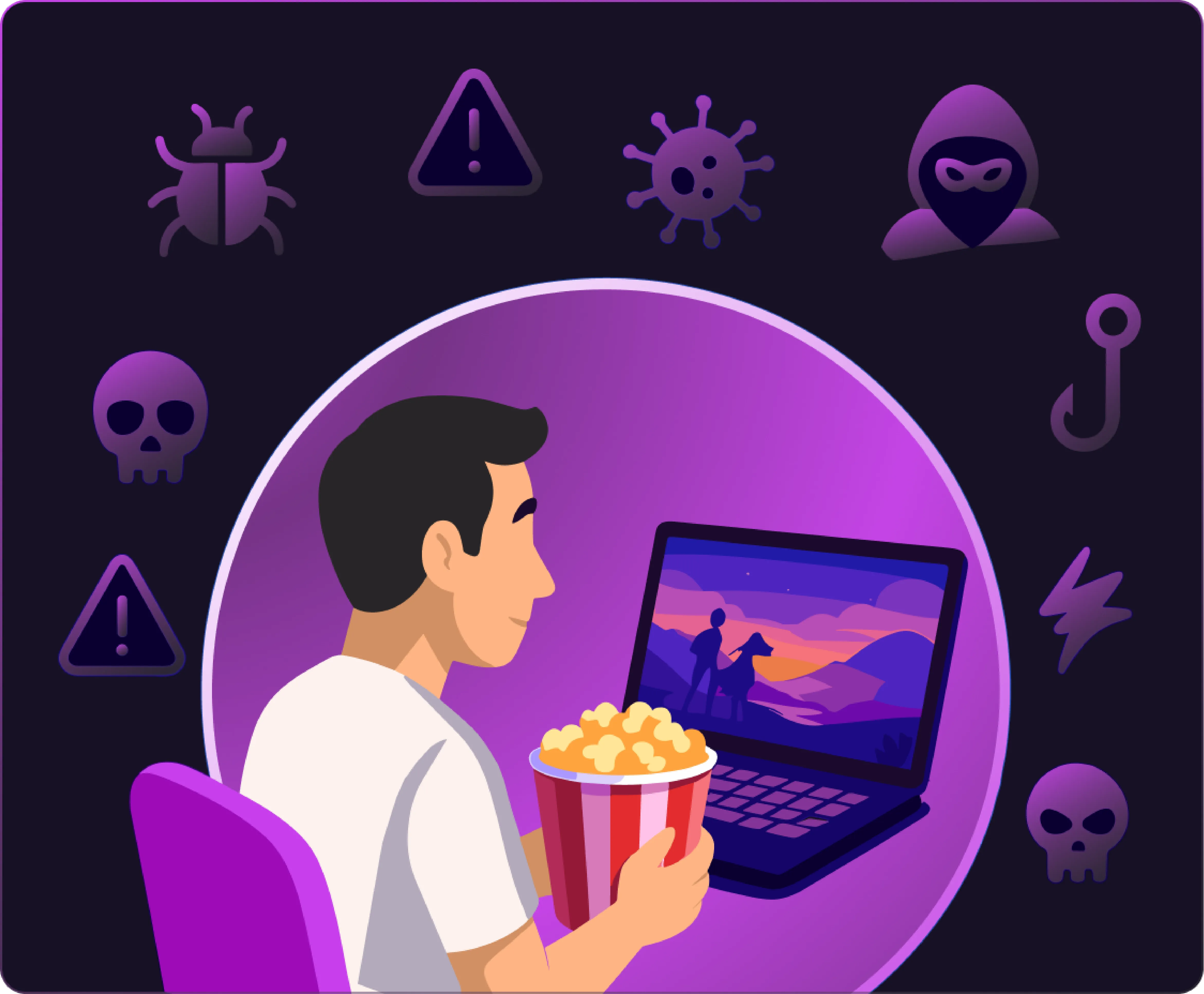 Group of friends watching movies on a laptop with a Popcorn Time VPN label, representing accessing Popcorn Time safely with a VPN.